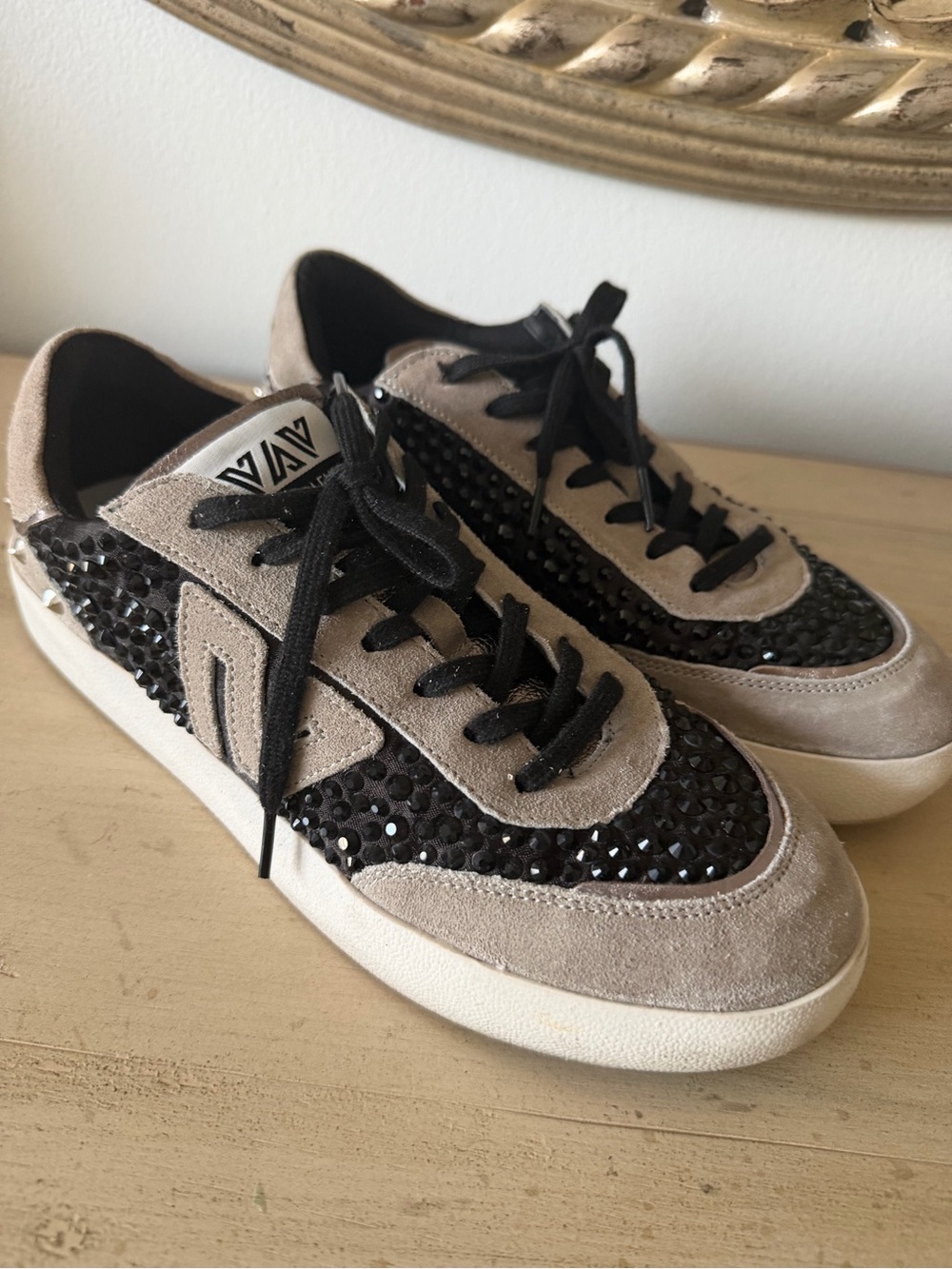 Grey Suede Women's Sneakers with Black Crystal Accents